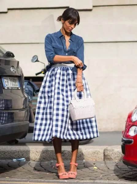 Navy Button Up Shirt with High Waisted Midi Flared Skirt