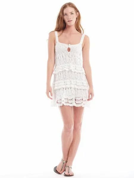 White Square Neck Lace Mini Flapper Dress