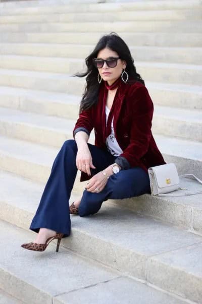 Brown Jacket with White Scoop Neck Print Tee & Flared Navy Pants