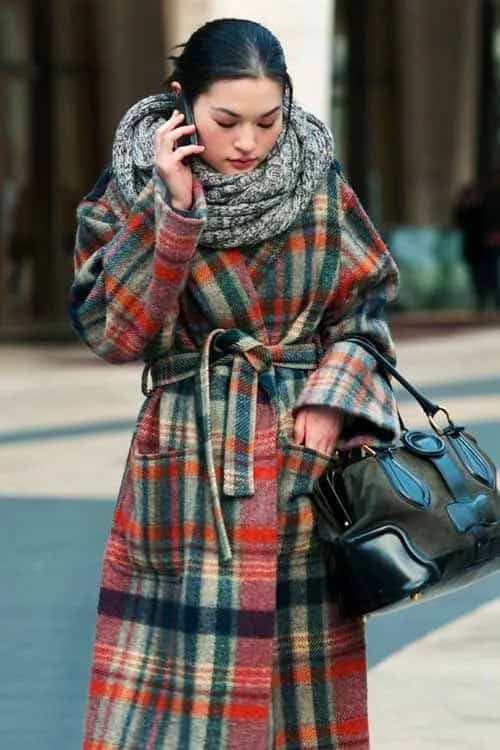 Checked Wool Wrap Coat