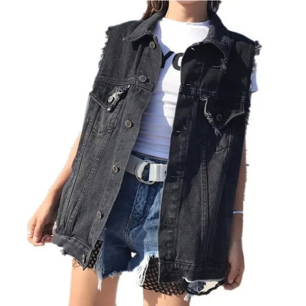 Black Oversized Denim Vest with White Tee & Blue Mini Shorts