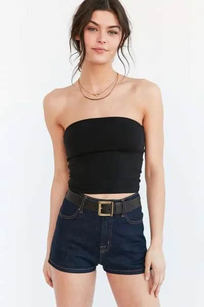 Black Strapless Crop Top with Dark Blue Mini Shorts