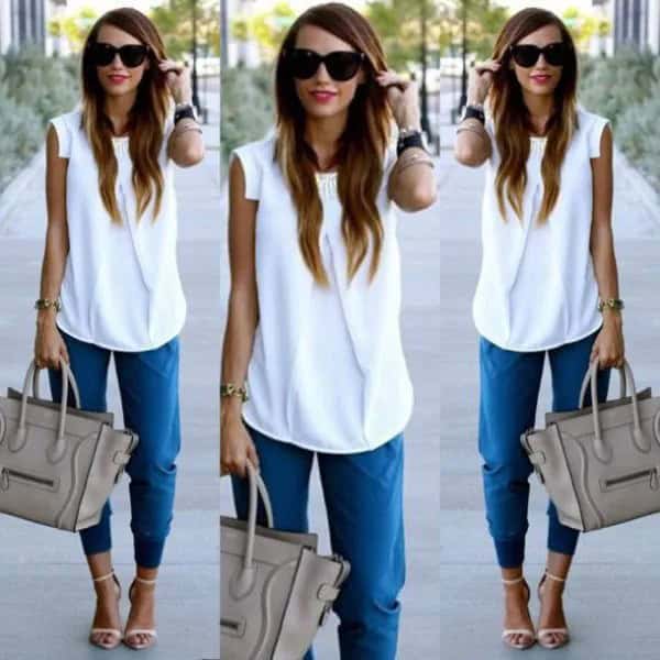 White Sleeveless Chiffon Blouse with Blue Tapered Leg Pants