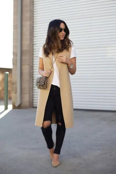 Crepe Midi Length Vest with White Tee & Ripped Skinny Jeans