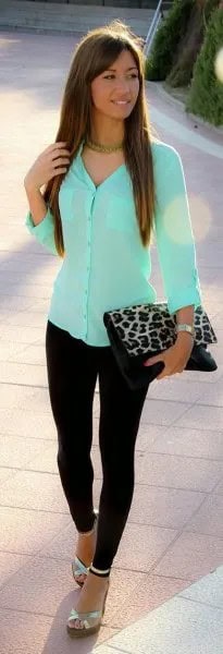 Mint Green Slim Fit Button Up Shirt with Leopard Print Clutch Bag