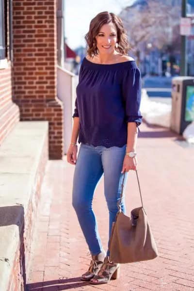 Navy Blue Boat Neck Top with Pale Pink Heeled Sandals