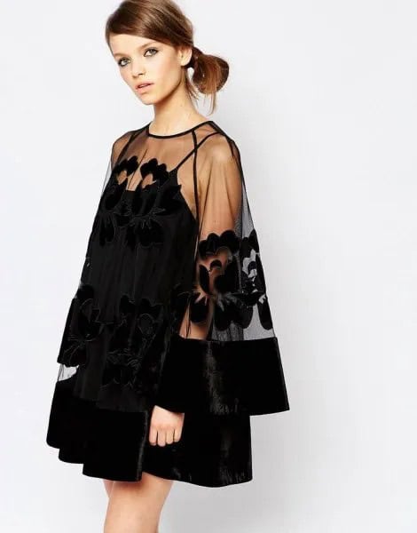 Black Mini Swing Dress with Sheer Overlay