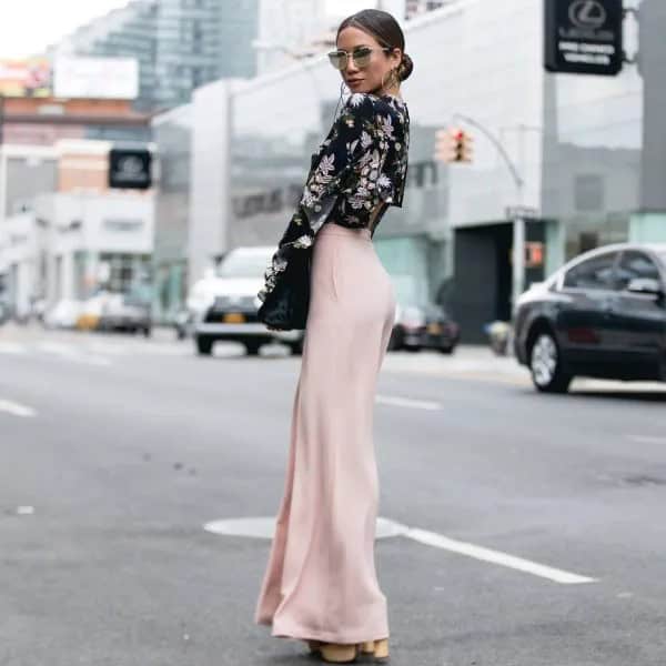 Black Floral Blouse with White Flared Pants