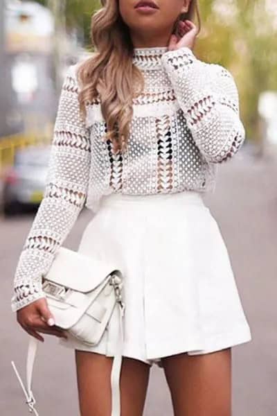 White Crochet Mock Neck Top with Mini Skater Skirt