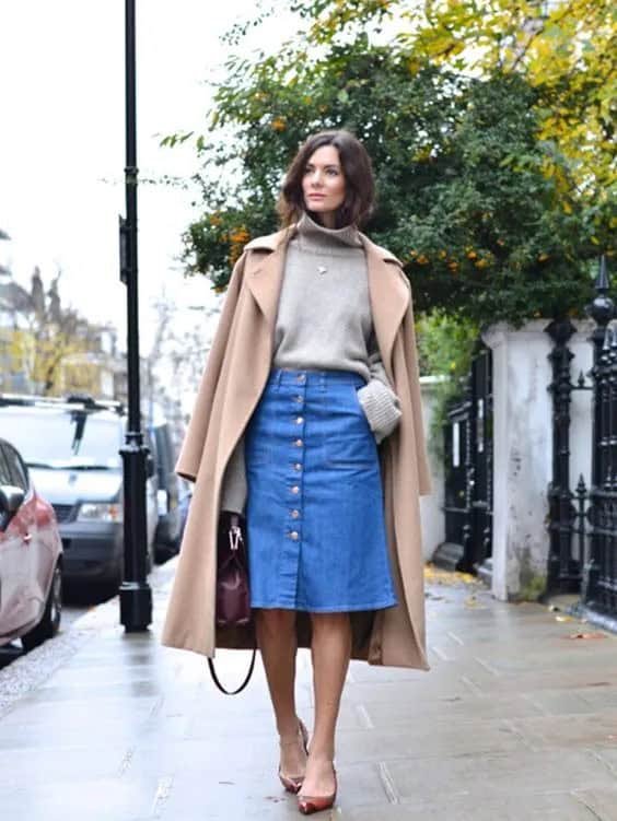 Long or Short Camel Coat + Denim Skirt