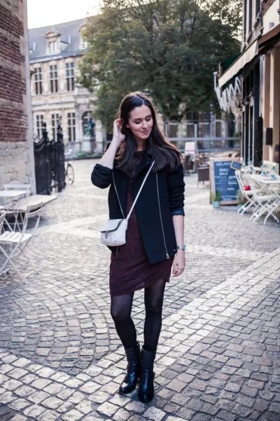 Black Shift Dress with Bomber Jacket & Leather Ankle Pull On Boots