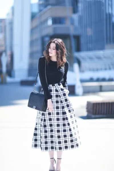 Black Crew Neck Sweater with High Waisted Midi Flared Checkered Skirt