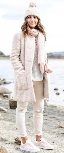 Super Light Pink Fuzzy Coat with Matching Knit Scarf & Knit Hat