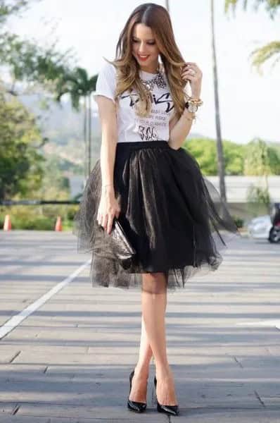 White Print Tee with Black Mini Tulle Skirt