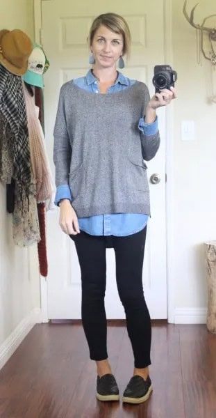 Black Leggings with Chambray Shirt & Boat Neck Sweater