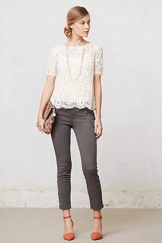 White Scalloped Hem Short Sleeve Lace Blouse with Grey Ankle Skinny Jeans