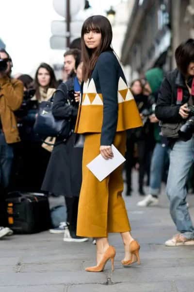 Black and Yellow Tribal Printed Long Sleeve Top with Matching Mustard Wide Leg Cropped Pants