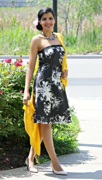 Black and White Floral Printed Tube Dress with Yellow Shawl