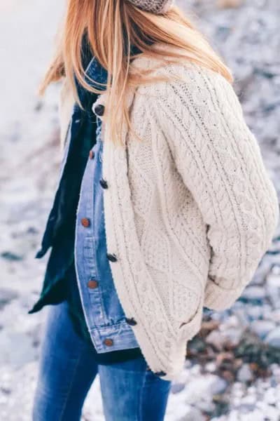 White Cable Knit Cardigan Over Blue Denim Jacket