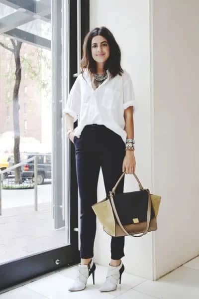 White Oversized Linen Shirt with Navy Cropped High Waisted Skinny Pants