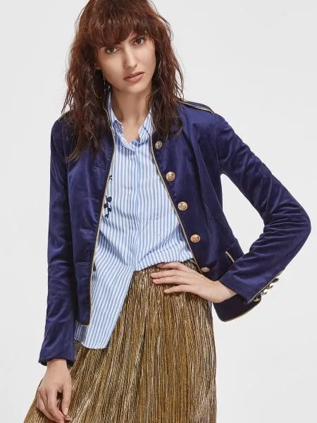 Navy Blue Velvet Sports Jacket with Striped Shirt & Pleated Skirt