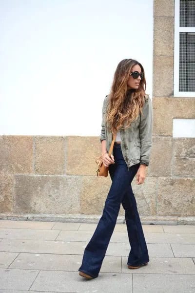 Grey Denim Jacket with Striped Tee & Dark Blue Low Rise Flare Jeans