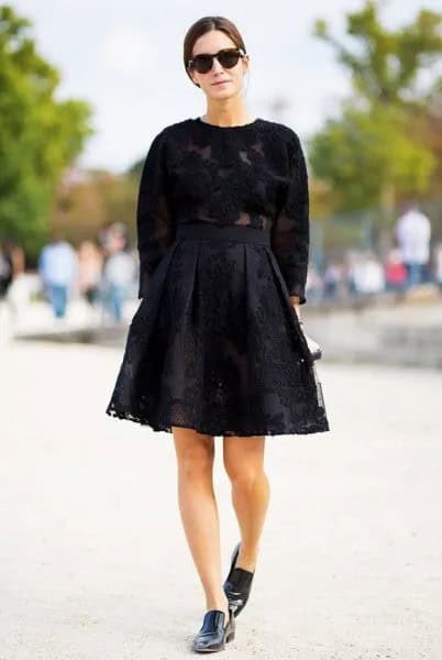 Black Lace Flare Skirt with Crew Neck Sweater