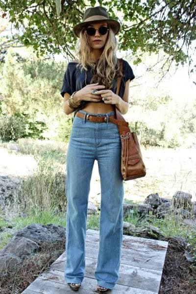 Grey Cropped T Shirt with Light Blue High Waisted Boot Cut Jeans