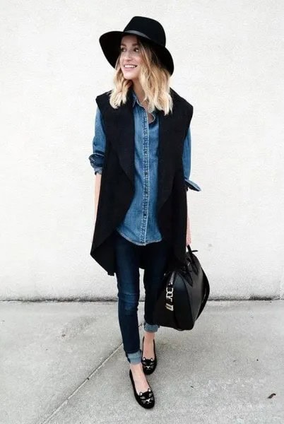 Black Long Sleeveless Blazer with Chambray Shirt & Felt Hat