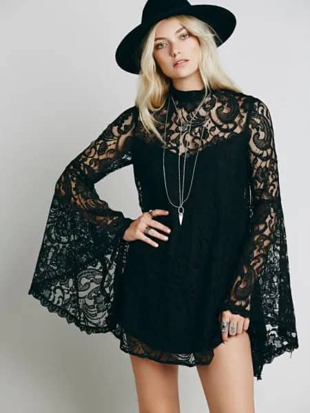 Black Lace Mini Dress with Felt Hat