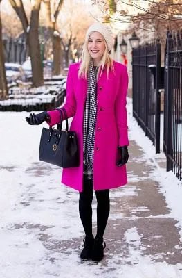 Neon Pink Long Wool Coat with Black Sweater & Plaid Mini Skirt