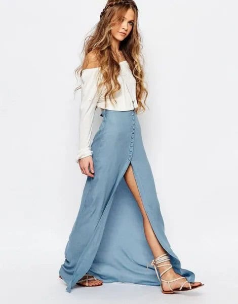 White Off The Shoulder Blouse with Blue High Split Denim Maxi Dress