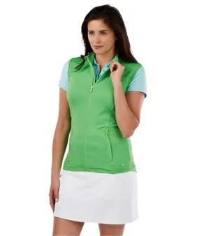 Green Sleeveless Polo Pullover with Light Blue Tee & White Mini Skirt