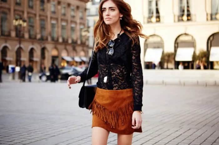 Black Long Sleeve Lace Top with Brown Fringe Suede Mini Skirt