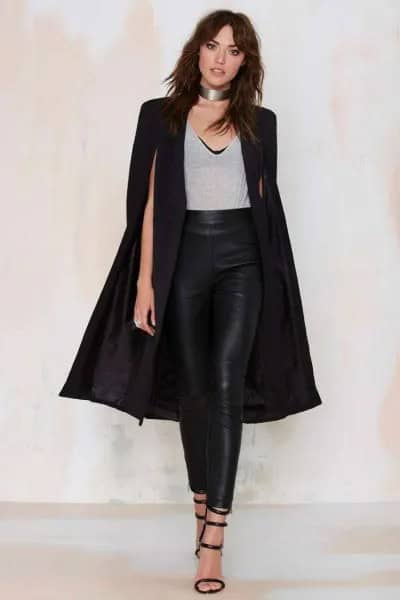 Black Long Cape Coat with Leather Leggings & Silver Choker