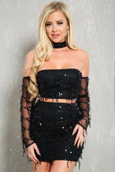 Fringe Tube Dress with Black Choker