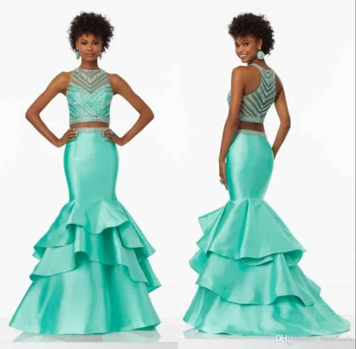 Silver Sequin and Mint Green Silk Two-Piece Prom Dress