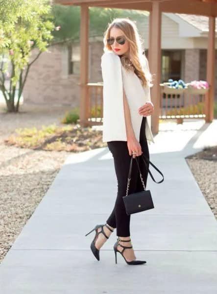 White Blazer with Black Skinny Jeans & Strappy Heels