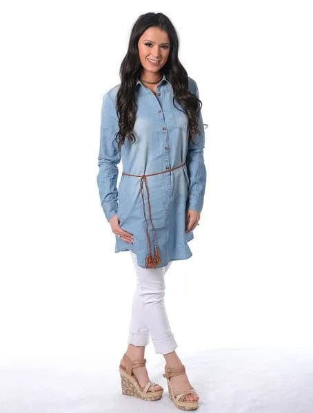 Chambray Belted Tunic Dress with White Jeans