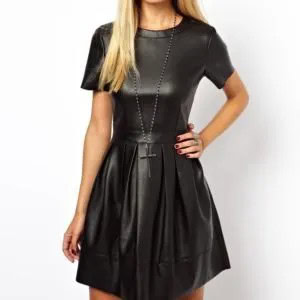 Short Sleeve Leather Two-Piece Skater Dress