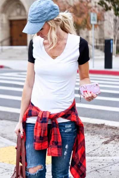 Blue Denim Hat with Ripped Blue Jeans & Red Plaid Shirt