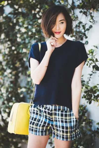 Black T Shirt with Multi-Colored Plaid Shorts