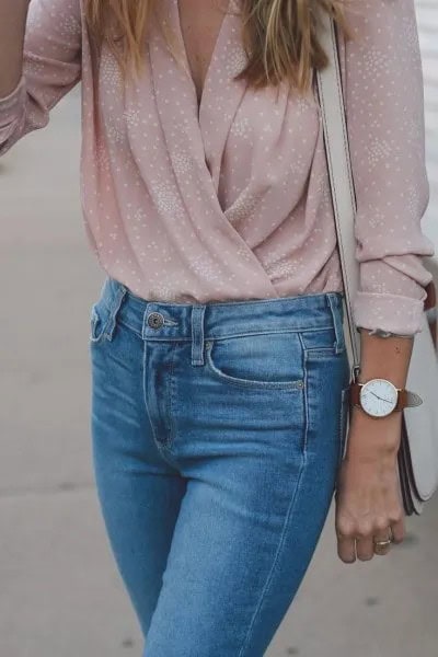 Pale Pink Polka Dot Top with Mom Jeans