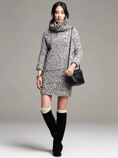 Cowl Neck Black and White Marled Sweater Dress