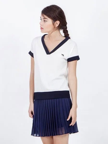 White and Navy Sailor T Shirt with Pleated Mini Skirt