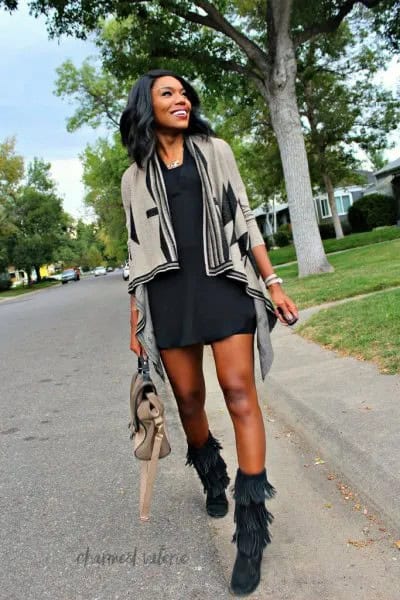 Grey Sweater Cardigan with Black Mini Shift Dress & Mid-Calf Fringe Fall Boots