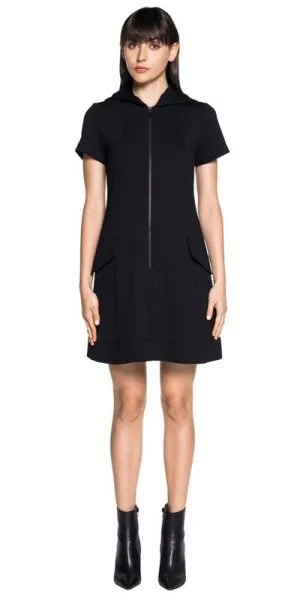 Black Hooded Zip Front Dress with Leather Ankle Boots