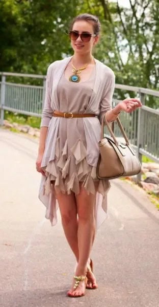 Pale Pink Cardigan with Blush Mini Pleated Dress & White Thong Sandals