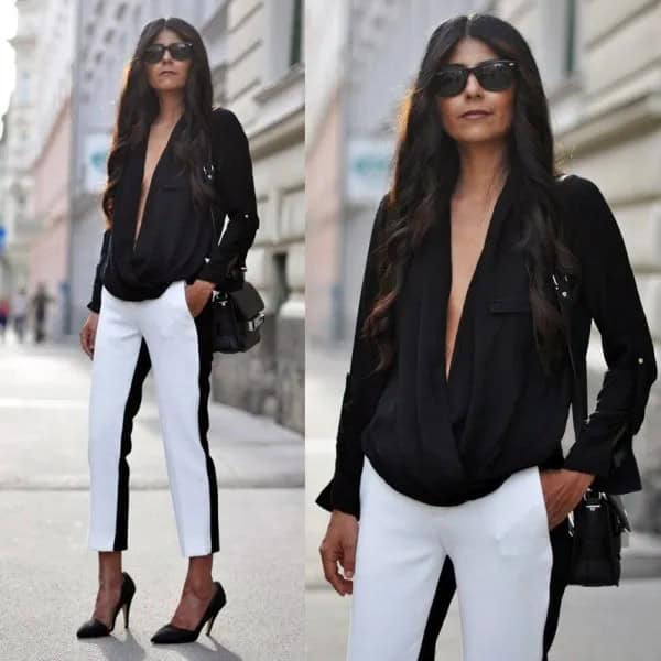 Black Deep V Neck Top over Dress Pants