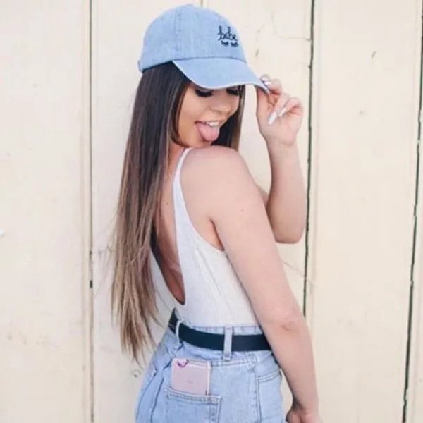 Blue Denim Baseball Cap with White Tank Top & High Waisted Shorts